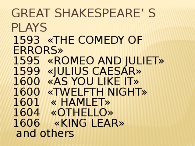 GREAT SHAKESPEARE’ S PLAYS 1593 «THE COMEDY OF ERRORS» 1595 «ROMEO AND JULIET» 1599 «JULIUS CAESAR» 1600 «AS YOU LIKE IT» 1600 «TWELFTH NIGHT» 1601 « HAMLET» 1604 «OTHELLO» 1606 «KING LEAR»  and others 