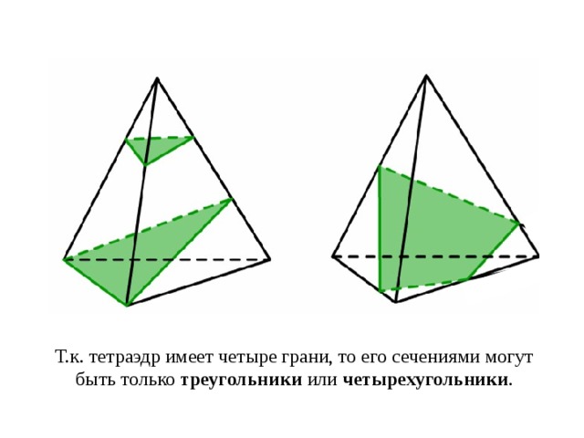 Т.к. тетраэдр имеет четыре грани, то его сечениями могут быть только треугольники или четырехугольники .  