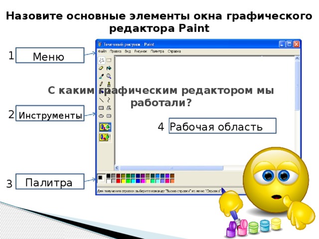 Назовите основные элементы окна графического редактора Paint 1 Меню С каким графическим редактором мы работали?   2 Инструменты 4 Рабочая область Палитра 3