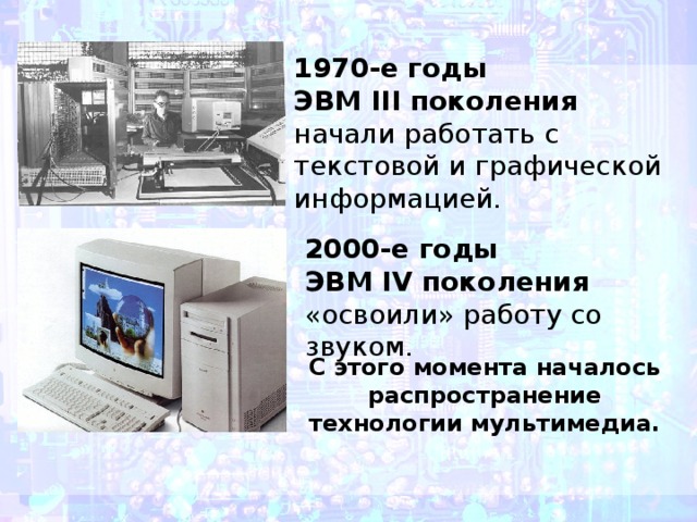 1970-е годы ЭВМ III поколения начали работать с текстовой и графической информацией. 2000-е годы ЭВМ IV поколения «освоили» работу со звуком. С этого момента началось распространение технологии мультимедиа. 