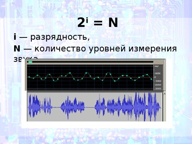 2 i  = N i  — разрядность,   N  — количество уровней измерения звука. 