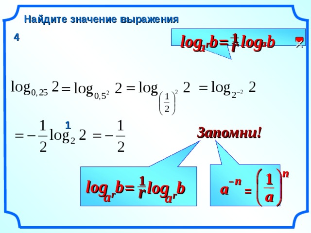 Найдите значение выражения 4 1 log b log b =  r a r a 1 Запомни! n   1 1 n log b – log b =   a r = a r a r a   4