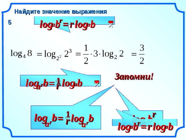 Найдите значение выражения r b log r log b 5 =  a a Запомни! 1 b b log log =  r a r a r 1 log b b log = b log r r a r a r a r log b b log = a a 5