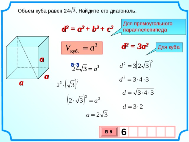 Объем куба равен 24 . Найдите его диагональ. Для прямоугольного параллелепипеда d 2 = a 2 + b 2 + c 2 d 2 = 3 a 2 Для куба a  3 8 a a 6     В 9 х 3 х 1 0