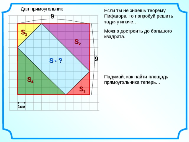 Дан прямоугольник Если ты не знаешь теорему Пифагора, то попробуй решить задачу иначе… 9 S 1 Можно достроить до большого квадрата. S 2 9 S  - ? Подумай, как найти площадь прямоугольника теперь… S 4 S 3 1см