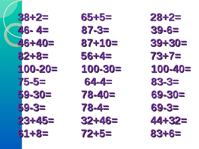  38+2= 65+5= 28+2=  46- 4= 87-3= 39-6=  46+40= 87+10= 39+30=  82+8= 56+4= 73+7=  100-20= 100-30= 100-40=  75-5= 64-4= 83-3=  59-30= 78-40= 69-30=  59-3= 78-4= 69-3=  23+45= 32+46= 44+32=  61+8= 72+5= 83+6= 