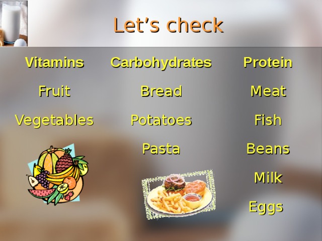 Let’s check Vitamins Fruit Carbohydrates Bread Vegetables Protein Meat Potatoes Fish Pasta Beans Milk Eggs 