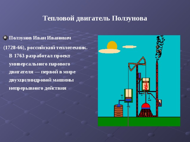 Тепловой двигатель Ползунова Ползунов Иван Иванович  (1728-66), российский теплотехник. В 1763 разработал проект универсального парового двигателя — первой в мире двухцилиндровой машины непрерывного действия