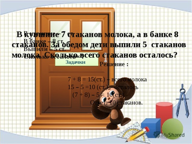  В кувшине 7 стаканов молока, а в банке 8 стаканов. За обедом дети выпили 5 стаканов молока. Сколько всего стаканов осталось?  В кувшине - 7 ст. В банке – 8 ст. Выпили – 5 ст. Сколько осталось - ?   Класс Задачки  Решение :  7 + 8 = 15(ст.) – всего молока  15 – 5 =10 (ст.) – осталось  (7 + 8) – 5 = 10(ст.)  Ответ: 10 стаканов.  