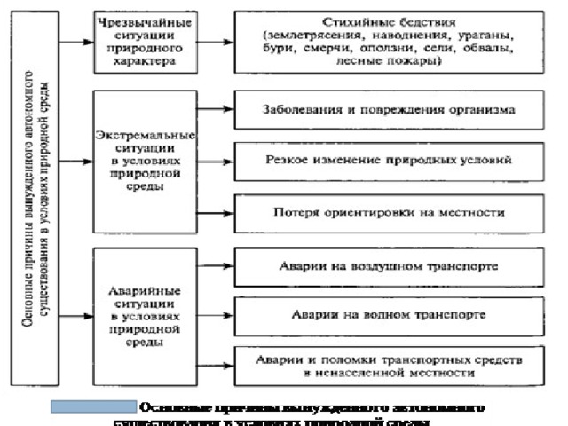 Назовите основную цель вынужденного автономного пребывания человека. Аварийные ситуации в условиях природной среды таблица. Схема основные причины вынужденного автономного. Причины вынужденного автономного существования в природных условиях.
