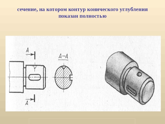 Контур сечения. Контур сечения показывают полностью. Углубление на чертеже. Контур сечения на чертеже. Коническое углубление на чертеже.