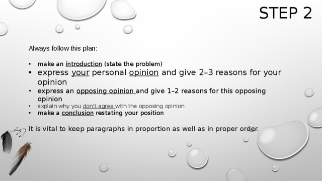 Step 2 Always follow this plan: make an introduction (state the problem) express your personal opinion and give 2–3 reasons for your opinion express an opposing opinion and give 1–2 reasons for this opposing opinion explain why you don’t agree with the opposing opinion make a conclusion restating your position   It is vital to keep paragraphs in proportion as well as in proper order. 