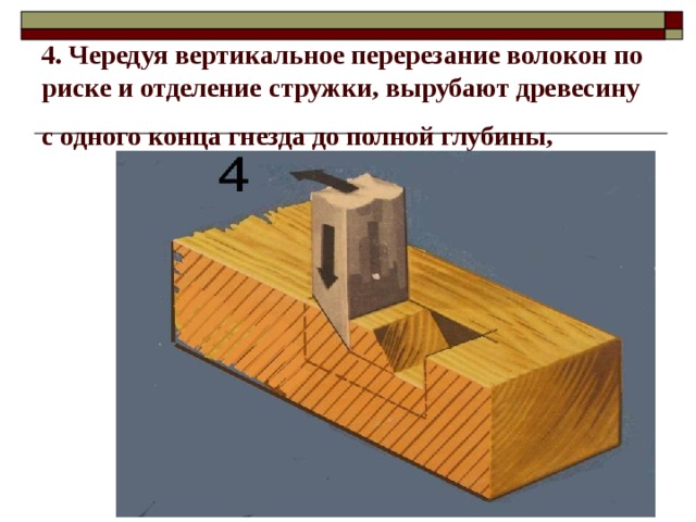4. Чередуя вертикальное перерезание волокон по риске и отделение стружки, вырубают древесину с одного конца гнезда до полной глубины,  
