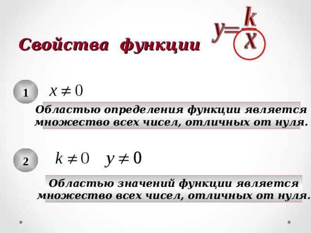 Свойства функции 1 Областью определения функции является множество всех чисел, отличных от нуля. 2 Областью значений функции является множество всех чисел, отличных от нуля. 