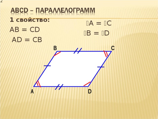1 свойство:  АВ = CD  АD = СВ  ﮮ A = ﮮ С  ﮮ В = ﮮ D  