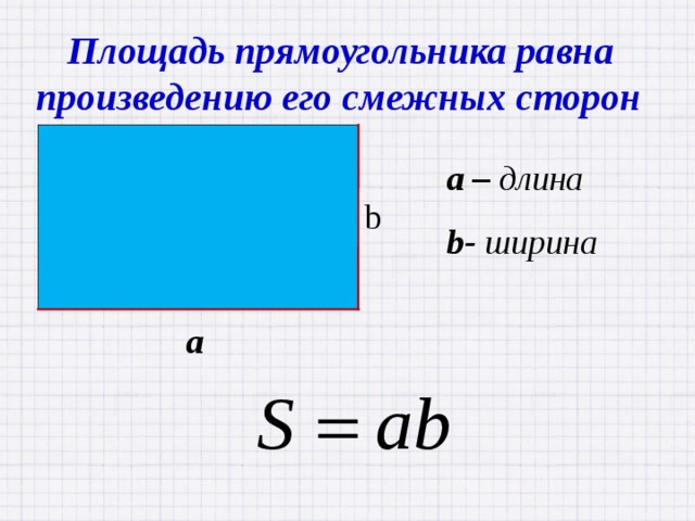 Площадь прямоугольника равна произведению его смежных сторон  a – длина b- ширина b a 