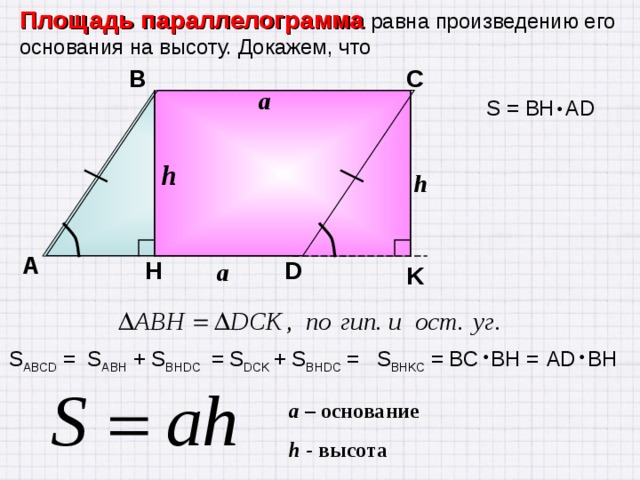 Площадь параллелограмма равна произведению его основания. Формула и доказательство нахождения площади параллелограмма. Теорема площадь параллелограмма с доказательством 8 класс. Теорема о площади параллелограмма 8 класс. Формула площади параллелограмма с доказательством.