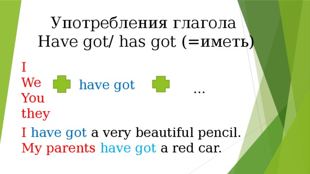 Употребления глагола Have got/ has got (=иметь) I We You they have got … I  have got a very beautiful pencil. My parents have got a red car. 