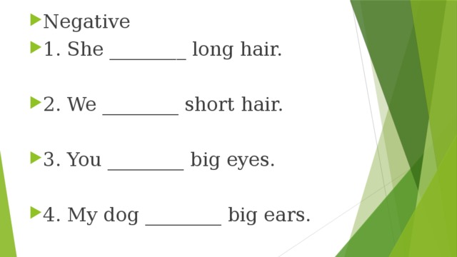 Negative 1. She ________ long hair. 2. We ________ short hair. 3. You ________ big eyes. 4. My dog ________ big ears. 5. They ________ black hair. 