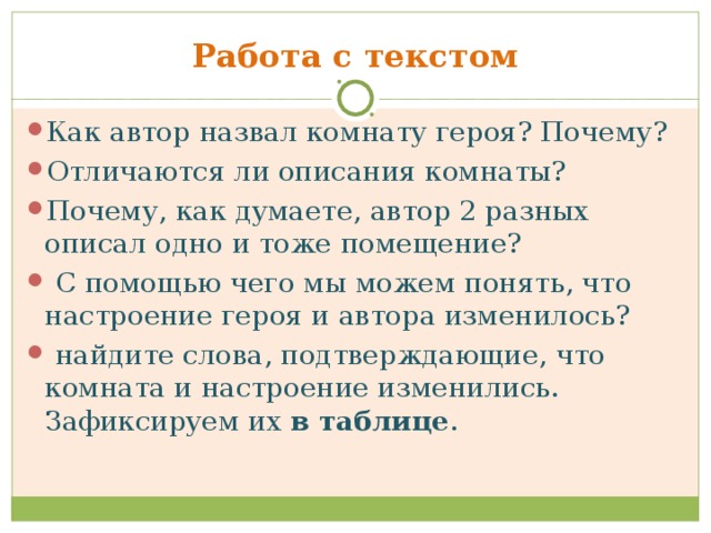 Работа с текстом Как автор назвал комнату героя? Почему? Отличаются ли описания комнаты? Почему, как думаете, автор 2 разных описал одно и тоже помещение?  С помощью чего мы можем понять, что настроение героя и автора изменилось?  найдите слова, подтверждающие, что комната и настроение изменились. Зафиксируем их в таблице . 