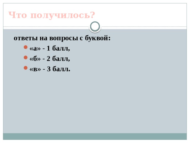 Что получилось? ответы на вопросы с буквой: «а» - 1 балл, «б» - 2 балл, «в» - 3 балл. 