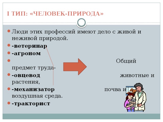 I тип: «Человек-природа» Люди этих профессий имеют дело с живой и неживой природой. -ветеринар -агроном  Общий предмет труда- -овцевод животные и растения, -механизатор почва и воздушная среда. -тракторист  