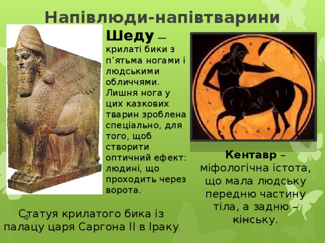 Напівлюди-напівтварини Шеду — крилаті бики з п’ятьма ногами і людськими обличчями. Лишня нога у цих казкових тварин зроблена спеціально, для того, щоб створити оптичний ефект: людині, що проходить через ворота. Кентавр – міфологічна істота, що мала людську передню частину тіла, а задню – кінську. Статуя крилатого бика із палацу царя Саргона ІІ в Іраку 11/12/17  