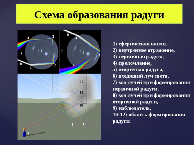 Явление дисперсии объясняет образование радуги солнечное затмение. Образование радуги. Явление радуги ход лучей в капле. Расположение солнца при образовании радуги. Радуга образуется при прохождении солнечного света.