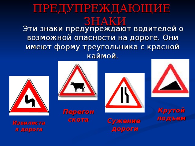 ПРЕДУПРЕЖДАЮЩИЕ ЗНАКИ  Эти знаки предупреждают водителей о возможной опасности на дороге. Они имеют форму треугольника с красной каймой. Крутой подъем Перегон скота Сужение дороги Извилистая дорога 