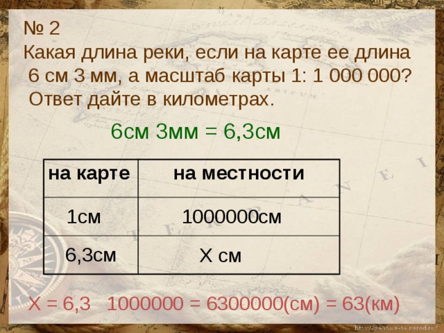 № 2 Какая длина реки, если на карте ее длина  6 см 3 мм, а масштаб карты 1: 1 000 000?  Ответ дайте в километрах. 6см 3мм = 6,3см на карте на местности  1см 1000000см 6,3см Х см Х = 6,3 1000000 = 6300000(см) = 63(км) 