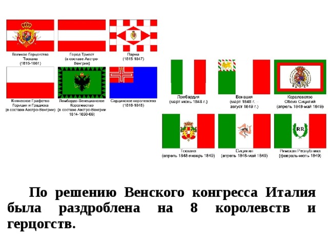  По решению Венского конгресса Италия была раздроблена на 8 королевств и герцогств. 