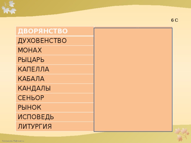  6 С ДВОРЯНСТВО ВОЮЮЩИЙ ДУХОВЕНСТВО МОЛЯЩИЙСЯ МОНАХ ОДИНОКИЙ РЫЦАРЬ ВОИН КАПЕЛЛА ЦЕРКОВЬ КАБАЛА КАНДАЛЫ ЗАВИСИМОСТЬ ОКОВЫ СЕНЬОР СТАРШИЙ РЫНОК ТОРГИ ИСПОВЕДЬ ПОКАЯНИЕ ЛИТУРГИЯ БОГОСЛУЖЕНИЕ 