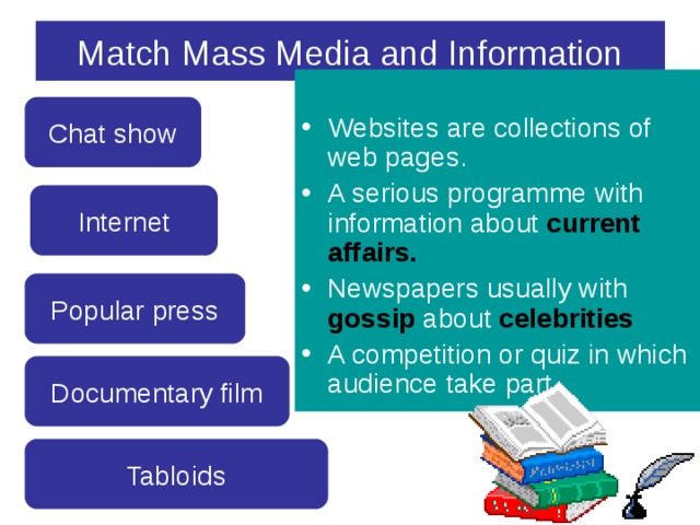Match Mass Media and Information Websites are collections of web pages. A serious programme with information about current affairs. Newspapers usually with gossip about celebrities A competition or quiz in which audience take part.   Chat show Internet Popular press Documentary film Tabloids 