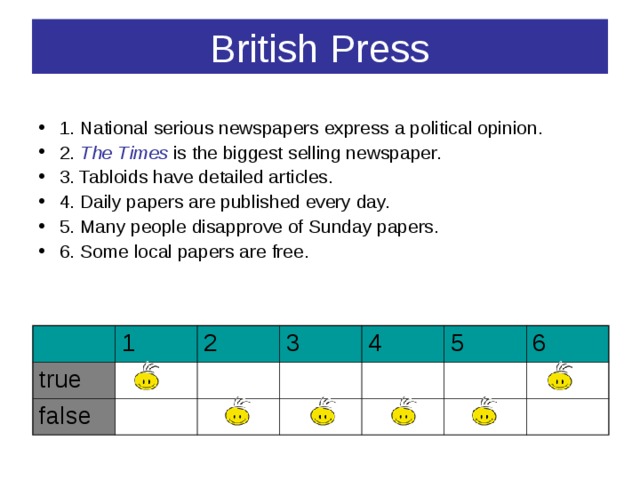 British Press 1. National serious newspapers express a political opinion. 2. The Times is the biggest selling newspaper. 3. Tabloids have detailed articles. 4. Daily papers are published every day. 5. Many people disapprove of Sunday papers. 6. Some local papers are free.  true 1 2 false 3 4 5 6 