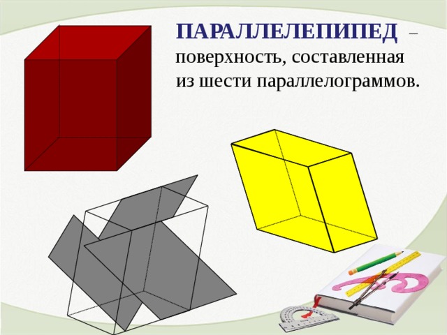 ПАРАЛЛЕЛЕПИПЕД  – поверхность, составленная из шести параллелограммов. 