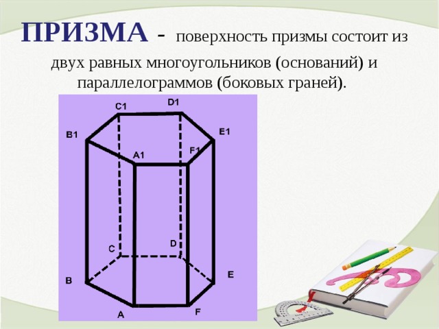 ПРИЗМА  -  поверхность призмы состоит из двух равных многоугольников (оснований) и параллелограммов (боковых граней). 