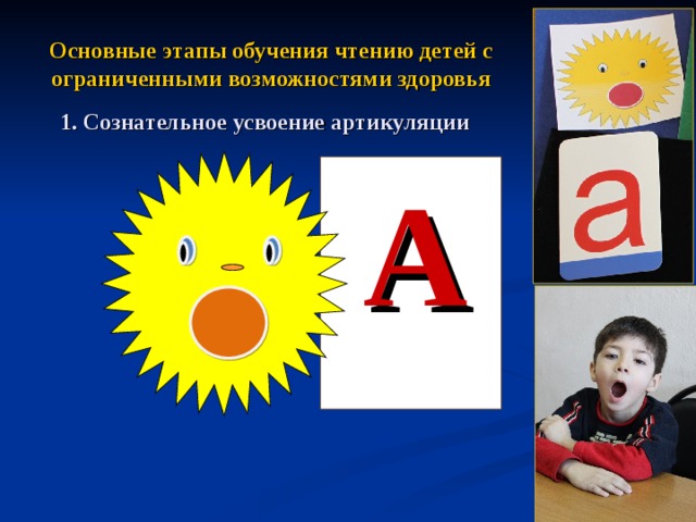 Основные этапы обучения чтению детей с ограниченными возможностями здоровья  1. Сознательное усвоение артикуляции   А 