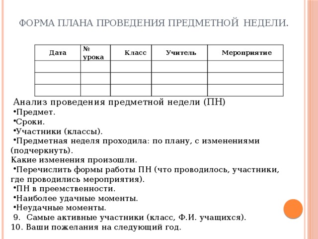 Анализ предметной недели. План проведения предметной недели. Формы проведения предметной недели. Форма плана урока. План график проведения предметных недель.