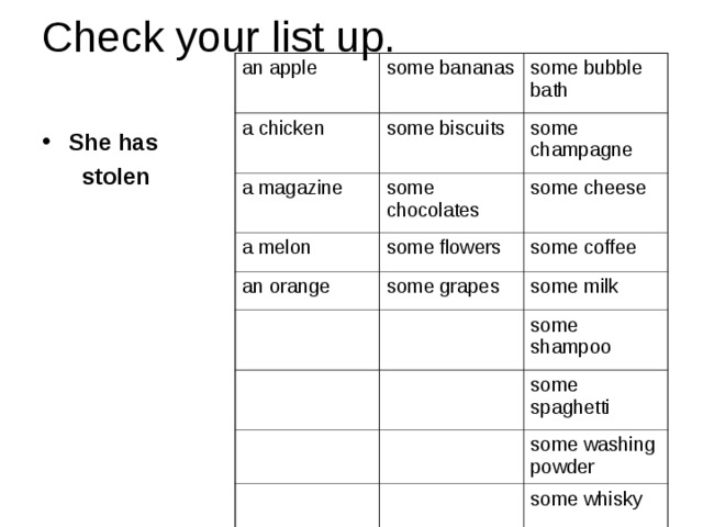 Check your list up. an apple some bananas a chicken some bubble bath some biscuits a magazine some champagne a melon some chocolates some cheese some flowers an orange some coffee some grapes some milk some shampoo some spaghetti some washing powder some whisky She has  stolen   