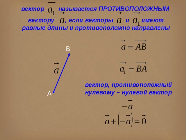 Равные векторы имеют. Противоположные векторы. Вектор противоположный нулевому вектору. Обратный вектор. Вектор противоположный вектору а обозначается.