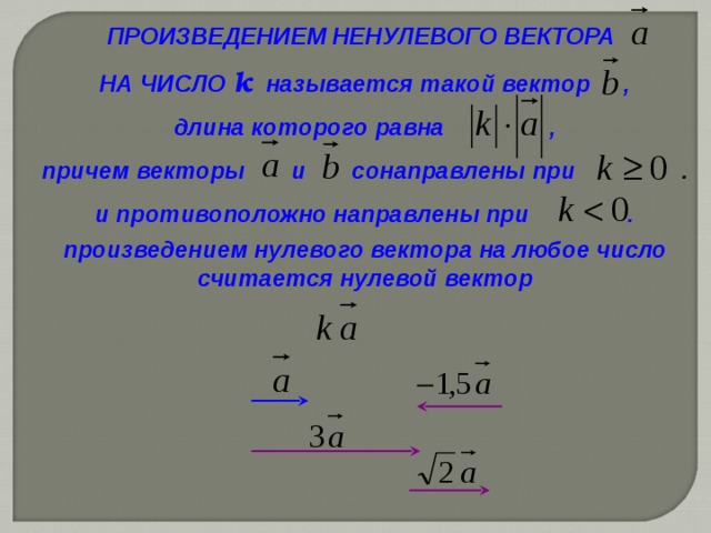 Два ненулевых числа. Произведение ненулевого вектора на число. Произведение нулевого вектора на число. Произведение ненулевого вектора на число k. Произведением ненулевого вектора на число число.