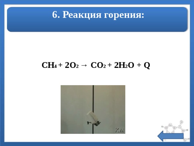 6. Реакция горения:   CH 4 + 2O 2 → CO 2 + 2H 2 O + Q 