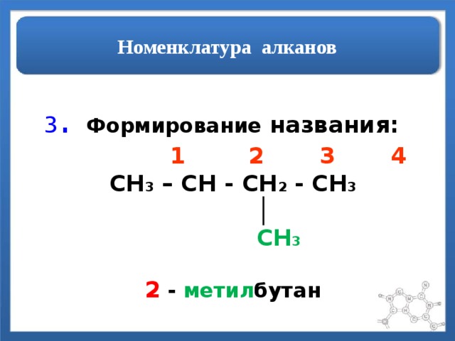 Номенклатура алканов 3 .  Формирование названия:  1 2 3 4 CH 3 – CH - CH 2 - CH 3  │  CH 3  2 - метил бутан 