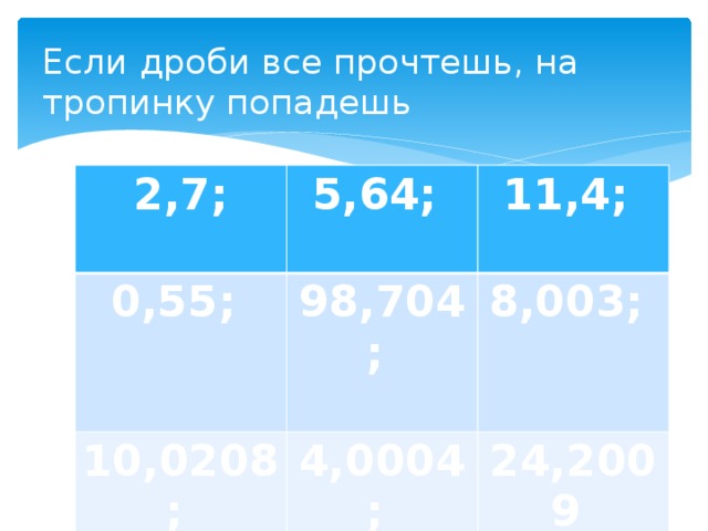 Если дроби все прочтешь, на тропинку попадешь   2,7;  5,64; 0,55; 11,4; 98,704; 10,0208;  4,0004; 8,003; 24,2009 