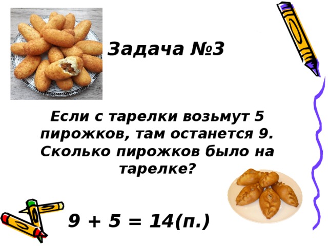 Задача №3 Если с тарелки возьмут 5 пирожков, там останется 9. Сколько пирожков было на тарелке? 9 + 5 = 14(п.) 