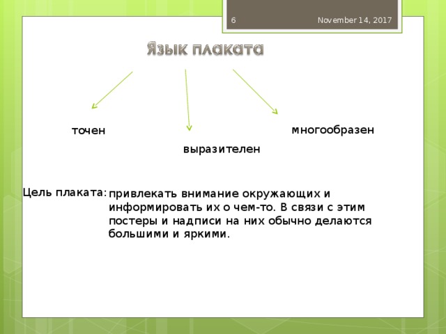 November 14, 2017  многообразен точен выразителен Цель плаката: привлекать внимание окружающих и информировать их о чем-то. В связи с этим постеры и надписи на них обычно делаются большими и яркими. 