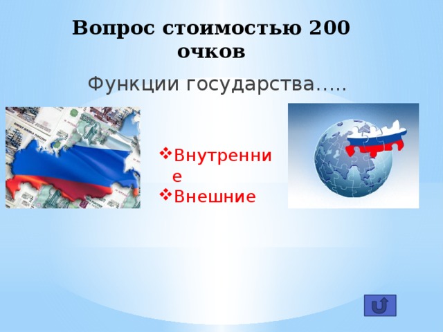 Вопрос стоимостью 200 очков Функции государства….. Внутренние  Внешние  