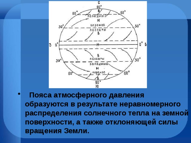     Пояса атмосферного давления образуются в результате неравномерного распределения солнечного тепла на земной поверхности, а также отклоняющей силы вращения Земли. 