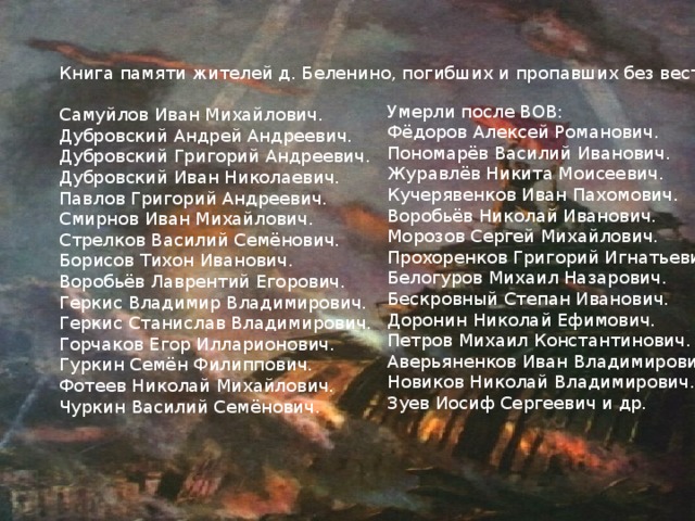 Книга памяти жителей д. Беленино, погибших и пропавших без вести: Самуйлов Иван Михайлович. Дубровский Андрей Андреевич. Дубровский Григорий Андреевич. Дубровский Иван Николаевич. Павлов Григорий Андреевич. Смирнов Иван Михайлович. Стрелков Василий Семёнович. Борисов Тихон Иванович. Воробьёв Лаврентий Егорович. Геркис Владимир Владимирович. Геркис Станислав Владимирович. Горчаков Егор Илларионович. Гуркин Семён Филиппович. Фотеев Николай Михайлович. Чуркин Василий Семёнович. Умерли после ВОВ: Фёдоров Алексей Романович. Пономарёв Василий Иванович. Журавлёв Никита Моисеевич. Кучерявенков Иван Пахомович. Воробьёв Николай Иванович. Морозов Сергей Михайлович. Прохоренков Григорий Игнатьевич. Белогуров Михаил Назарович. Бескровный Степан Иванович. Доронин Николай Ефимович. Петров Михаил Константинович. Аверьяненков Иван Владимирович. Новиков Николай Владимирович. Зуев Иосиф Сергеевич и др. 