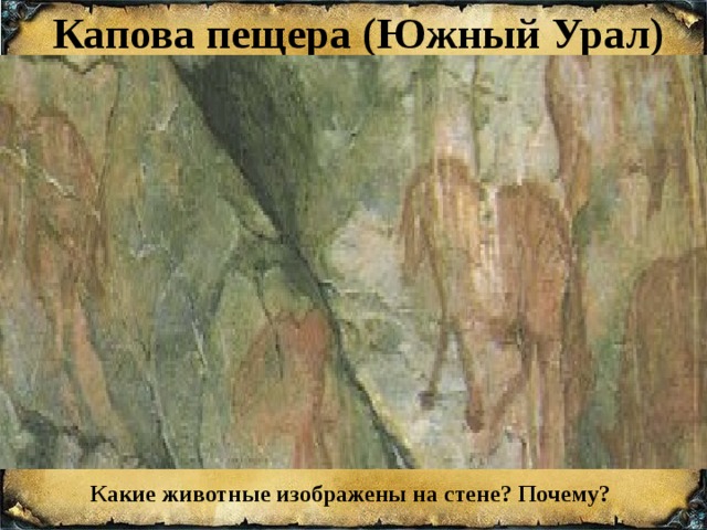 Капова пещера (Южный Урал) Какие животные изображены на стене? Почему? 